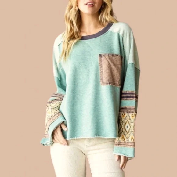 New In Mineral Washed Vintage Look Mix Fabric Pullover
Boho Sweater - Picture 3 of 6